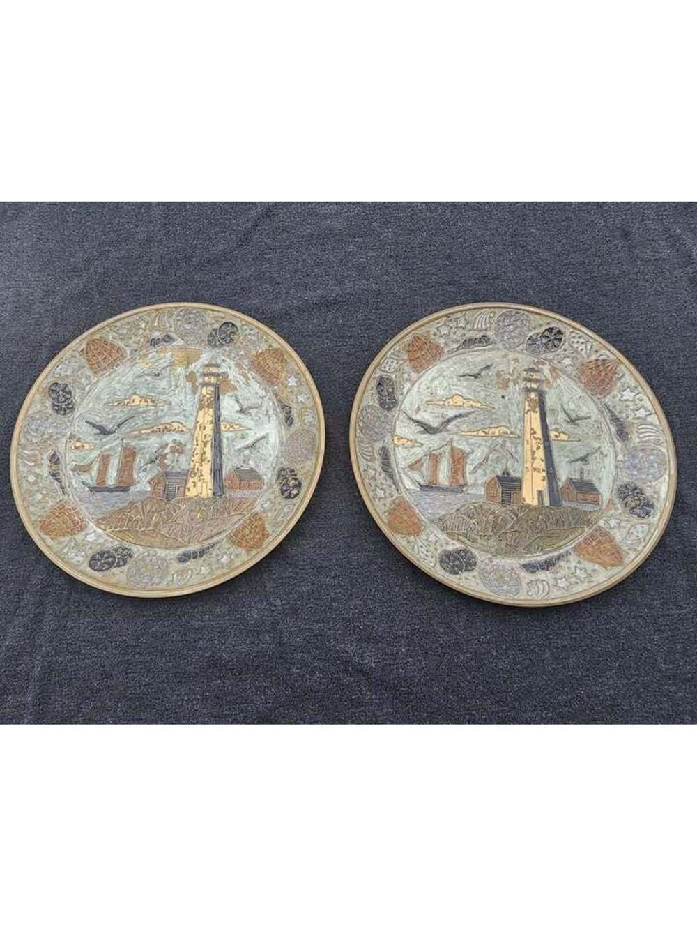 2 Vintage 1986 Penco Brass Cloisonne Lighthouse Plate Distressed Nautical Decor